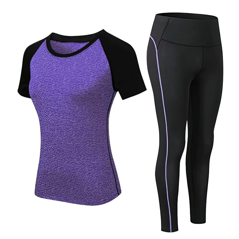 Purple and black sports short-sleeve split suit for women's training, ideal for yoga, running, and fitness.
